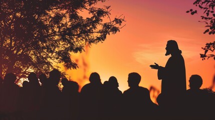 Wall Mural - Silhouette of Jesus Christ speaking wisdom to a diverse crowd in a park.