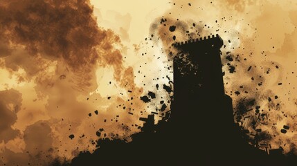 Wall Mural - Silhouette of the Tower of Jericho falling down after the trumpet sound