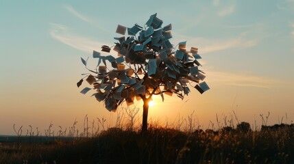 Wall Mural - Silhouetted tree with Bible pages as leaves