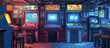 A nostalgic scene of a retro arcade room filled with various classic gaming machines, all bathed in the glow of neon lights.