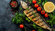 Grilled mackerel with lemon, spices, tomato and green black background