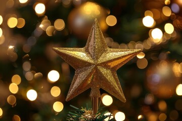 golden star-shaped christmas tree topper shining brightly against a festive background symbolizing t