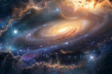 Illustration of a galaxy formation with swirling galaxies Interstellar gas clouds And bright star clusters in a vivid cosmic landscape