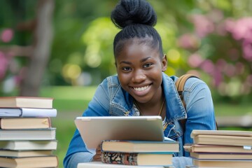 Joyful young african american student with a bright smile studying outdoors Surrounded by books and digital tablet Embodying success and motivation