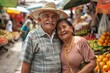 Mature couple of latin american heritage strolling through a vibrant market square Their happiness evident Embodying the joy of a well-earned retirement in their homeland