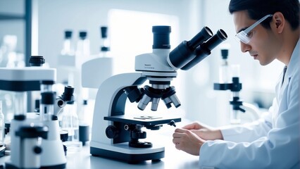  Scientist researcher using microscope in laboratory