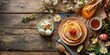 Easter breakfast for children and adults. Delicious hot pancakes with honey and berries served on a wooden Easter breakfast table with Easter eggs and kitchen utensils