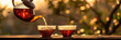A teapot pouring hot tea into two glasses against a blurred nature background, perfect for Ramadan evening gatherings or to illustrate culinary articles about Eid al-Fitr.