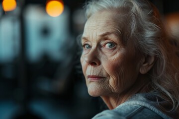 Wall Mural - An mature elderly middle aged woman stands in the gym preparing to play sports, the concept of an active life in old age, taking care of the body