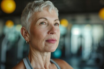 Wall Mural - An mature elderly middle aged woman stands in the gym preparing to play sports, the concept of an active life in old age, taking care of the body