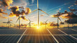 Solar farm, Solar cells panels and wind turbines for electricity alternative renewable energy. .
