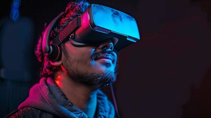 An solitary 30-something Indian man is seen using a virtual reality headset against a black backdrop.