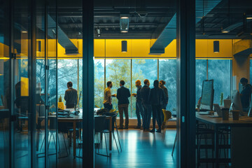 Wall Mural - People standing in front of large window in open office space, discussing work in modern workplace environment