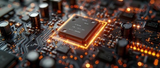 Aufkleber - Concept Visualization: Circuit Board CPU Processor Microchips Starting Artificial Intelligence Digitalization of Neural Networking and Cloud Computing. Digital Lines Moving Data.