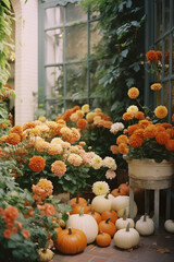 Cozy Autumn pumpkins. Thanksgiving backdrop. Veranda with herbs and flowers. Decoration Halloween background.