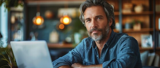 Poster - Man working remotely at home with a laptop. Concept of networking or remote work. Global business network.