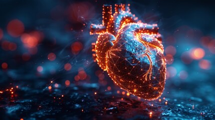 Aufkleber - An abstract heart shape with red cardio pulsation lines. Abstract geometric backgrounds. Wireframe light connections. Modern blue graphic concept. Isolated  illustration.