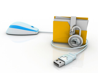 Poster -  3D rendering Yellow folder protection lock connected mouse . Data security concept

