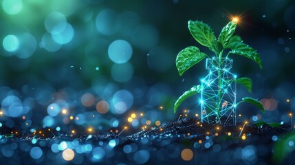 Poster - A green plant sprout in a tube with a blue geometric background on top. Low poly style design with an abstract blue geometric background. Wireframe structure for connecting light Modern 3D graphic