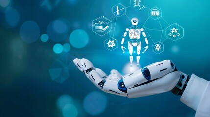 Aufkleber - A robot hand with artificial intelligence for medical healthcare practices, with visual icons and blue banner background, that integrates human and artificial intelligence capabilities