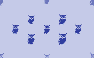 Poster - Seamless pattern of large isolated blue owl symbols. The pattern is divided by a line of elements of lighter tones. Vector illustration on light blue background