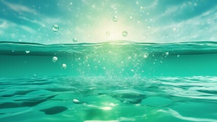 Wall Mural - water and bubbles _A cool and relaxing water pool with droplets and splashes. The water is green and turquoise 