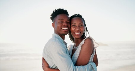 Canvas Print - Face, beach and hug with black couple, love and romance with honeymoon celebration and travel. Portrait, embrace and seaside with man and woman with happiness and marriage with relationship and smile