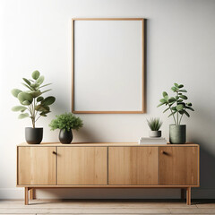 Wall Mural - A photography of an interior design scene featuring a white wall living room with a wooden sideboard. On the sideboard, there are a large green