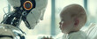 Visualize a heartwarming moment between a robotic AI doctor and a baby in a clinic designed for optimal child care