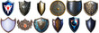 © Roman - A collection of various shields, showcasing a diverse range of designs and colors. Set of 12 different isolated shields with transparent backgrounds. Realistic, fantasy, cartoon, abstract image, each