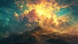 Calvary hill with an empty cross on top, the resurrection of Jesus in Easter day, religious plot, against the backdrop of a cloudy sky and desert, AI generated
