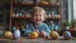 Little boy is paining Easter eggs with paint and brush, kid is happy, he is smiling, funny Easter moment, AI generated