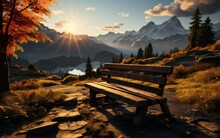 Bench In The Mountains At Sunset. Beautiful Autumn Landscape In The Mountains
