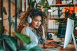 Latin business woman with curly hair and headphones watching online training course at workplace, woman writing information happy and satisfied with results of professional development, Generative AI