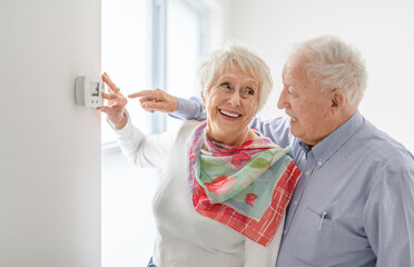 Wall Mural - senior lady posing at home portrait close to a window using thermostat