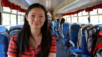 Girl tourist in an Asian bus goes on a trip