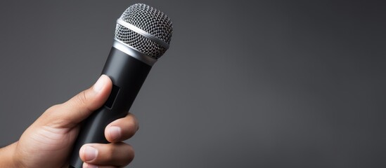 Journalist's hand holding microphone on grey background.