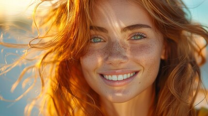 Portrait of woman smiling with a smile and flying hair, the concept of health and beauty hair sunset with teeth spring flying