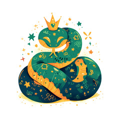 Poster - A green snake with a crown on its head and stars around it. The snake is sitting on a white background