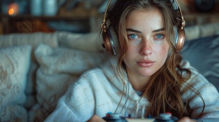 Having a joystick in his hand and wearing headphones, this gamer woman wears headphones