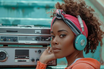 Stylish African American woman enjoying music with vintage boombox and headphones