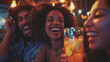 group of friends drinking and having a good time, laugher, enjoying a happy hour in a bar