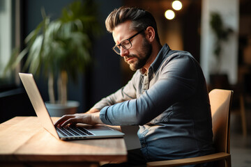 Hard working person in modern interior office programming writing web java script code AI technology generation