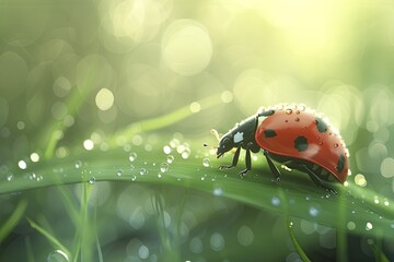 Wall Mural - Charming 3D ladybug on a dew-kissed leaf on a morning green background, starting the day.