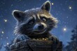 A cunning 3D raccoon, guarding its treasure chest under the starry night sky, revels in hoarding its finds.