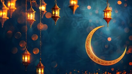 ramadan islamic greeting card of crescent moon decoration and lanterns with copy space area banner