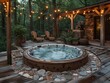 Cozy backyard scene with steaming hot tubs under twinkling lights