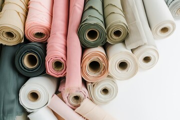 Close-up of various rolls of multicolored fabric stacked