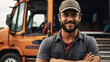 Young male truck driver standing in front of his truck, arms crossed, smiling at the camera, bearded man, wearing a hat

