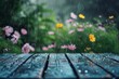 Tisch mit Blumen im Regen, made by AI